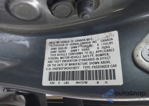 2012 Honda Civic Lx z USA, uszkodzony, nr VIN 2HGFB2F54CH318577